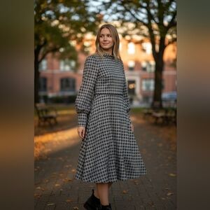 Ann Taylor Black Plaid Mock Neck Long Sleeve Lined Fit & Flare Dress Sz 6